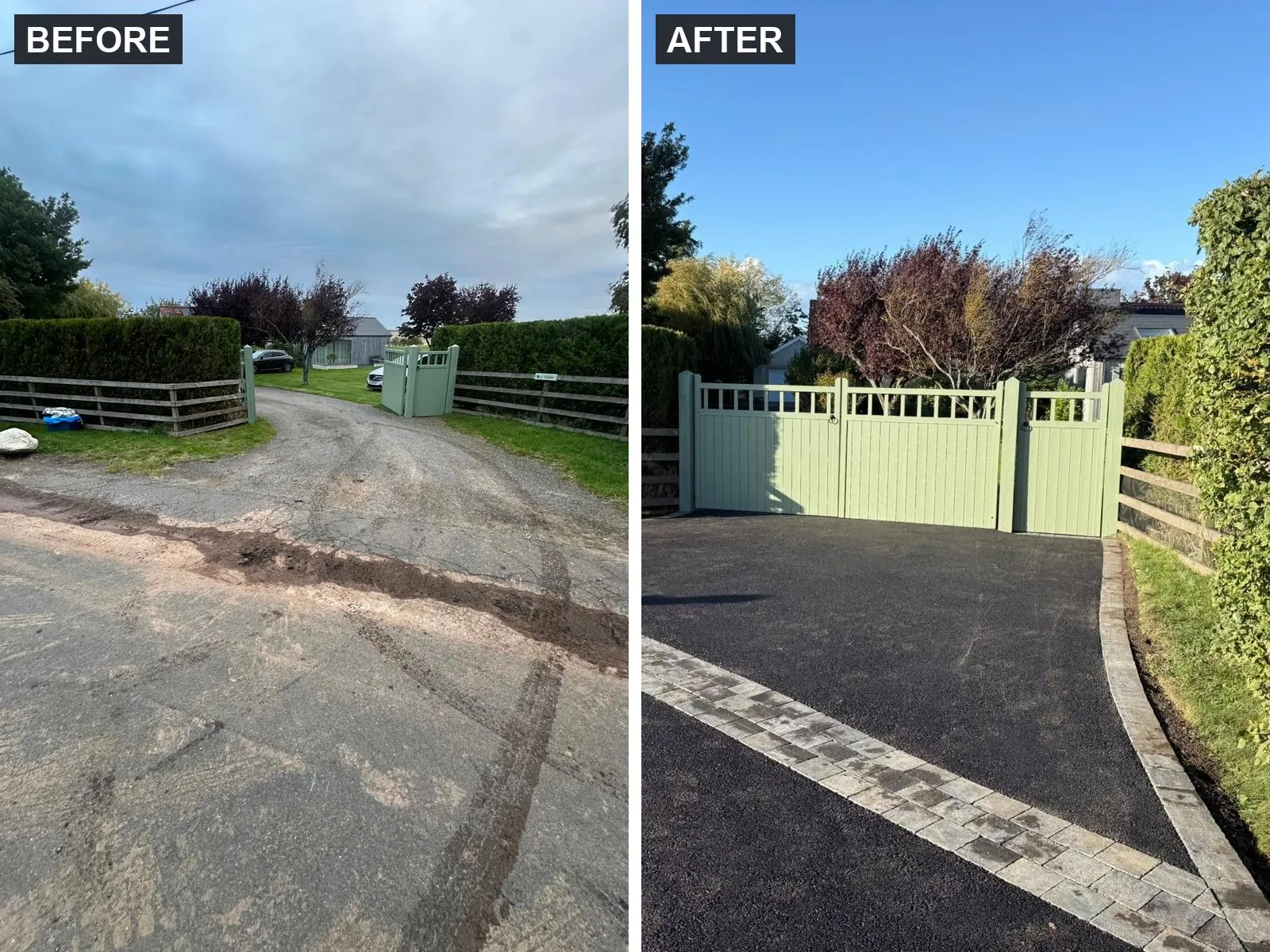 Before and after: a rutted driveway entrance in Edinburgh resurfaced in tarmac with a block-paving band and edging
