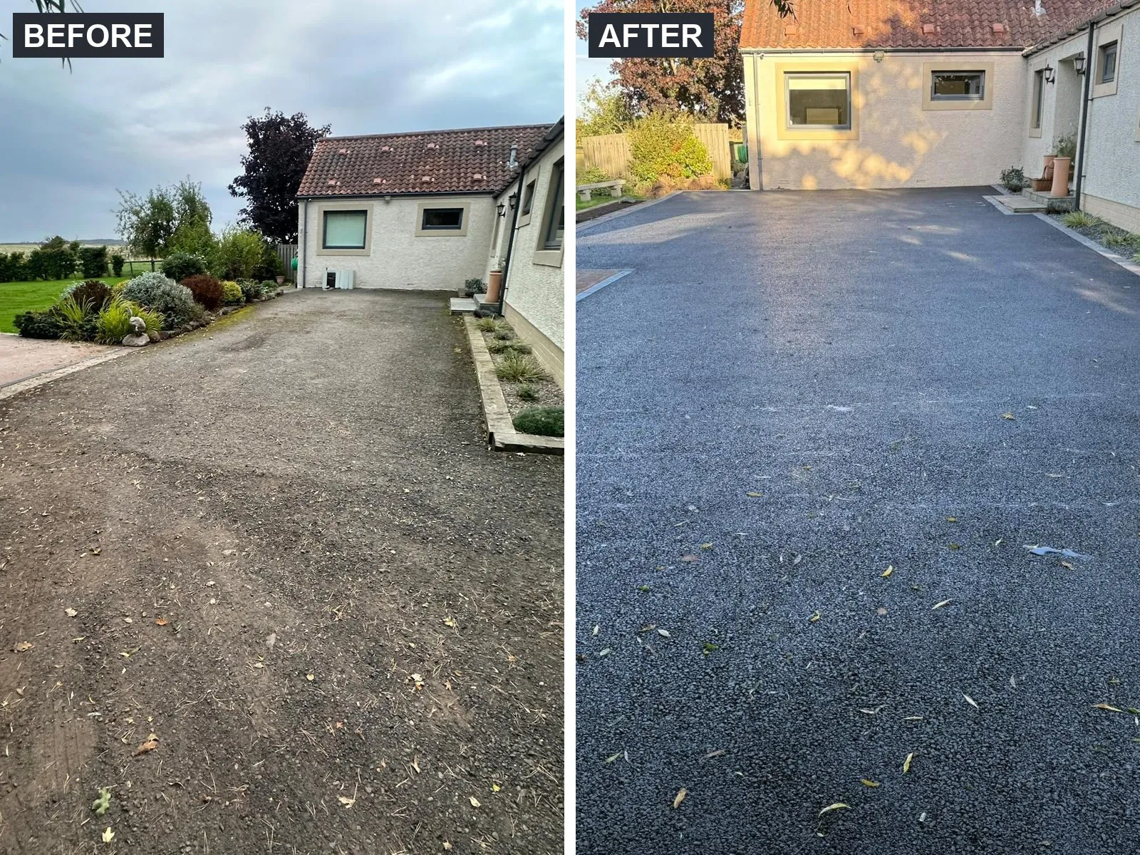 Before and after: a loose gravel parking area beside a house in Edinburgh resurfaced in tarmac