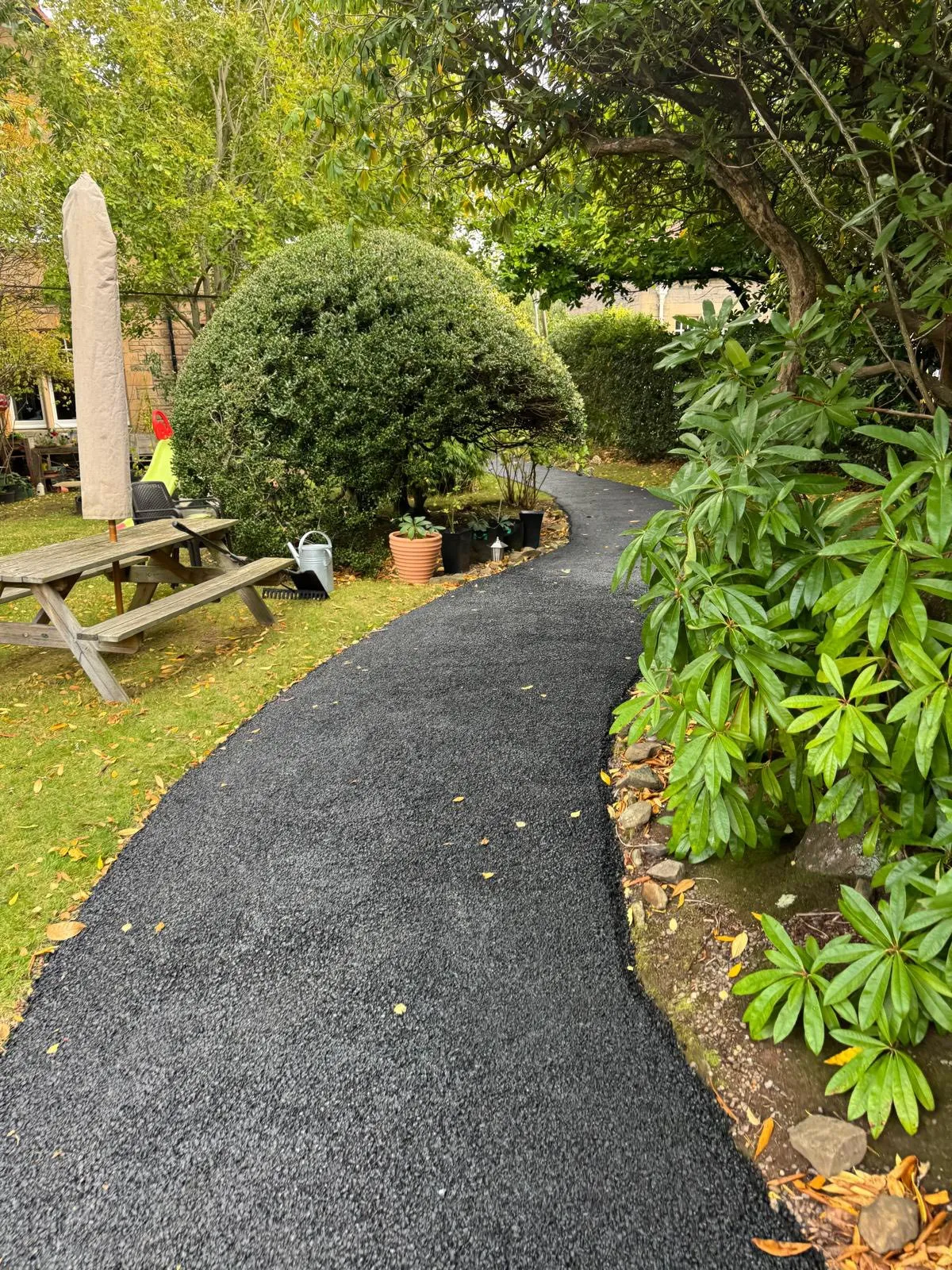 Tarmac path winding through a landscaped garden